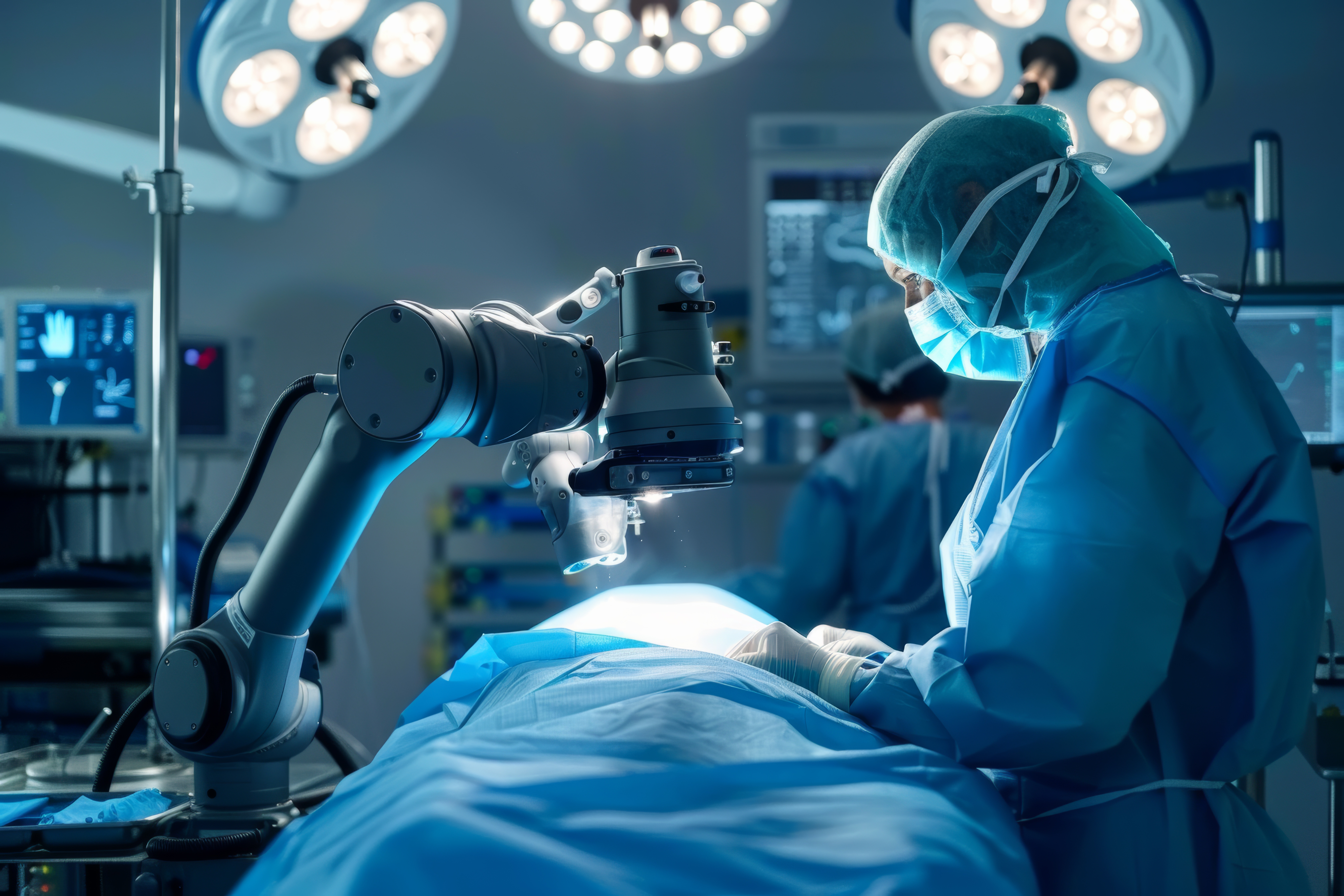 Doctors performing robotic arm surgery