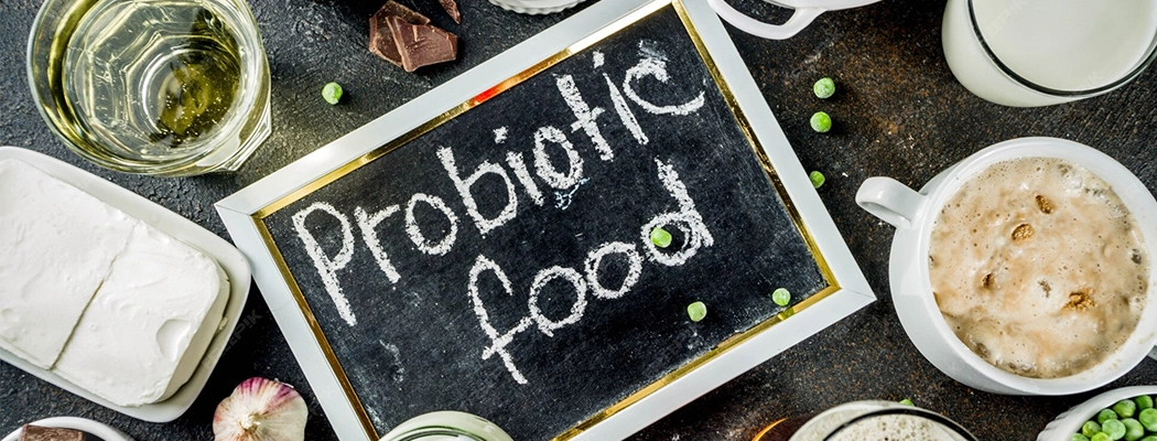 assorted foods with the text “Probiotic Foods” written in the center