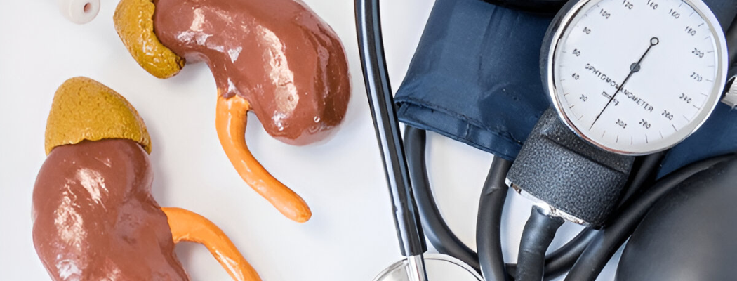 affected kidneys next to blood pressure monitor