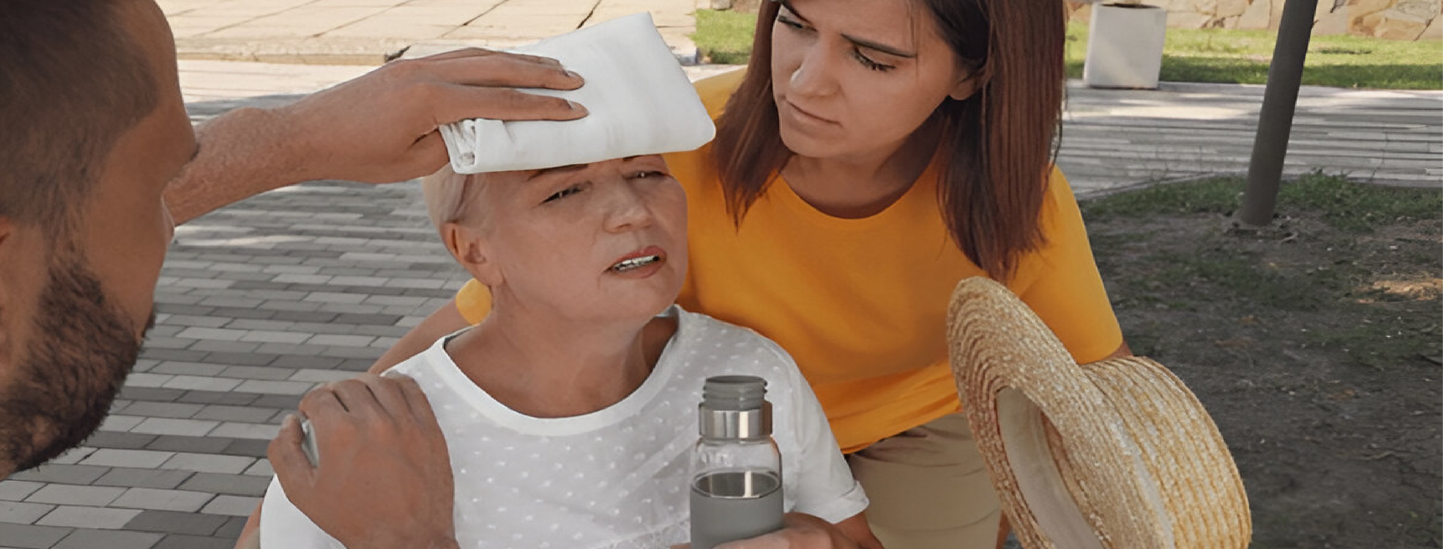 people helping woman suffering with heat stroke