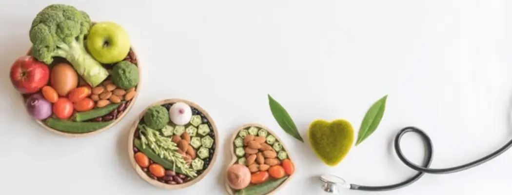 Healthy foods in wooden bowls with stethoscope