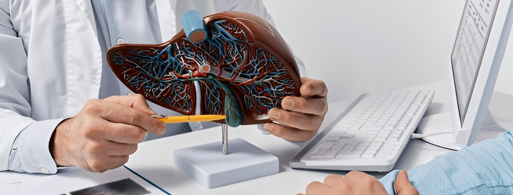 Human liver anatomical model on a doctor’s desk