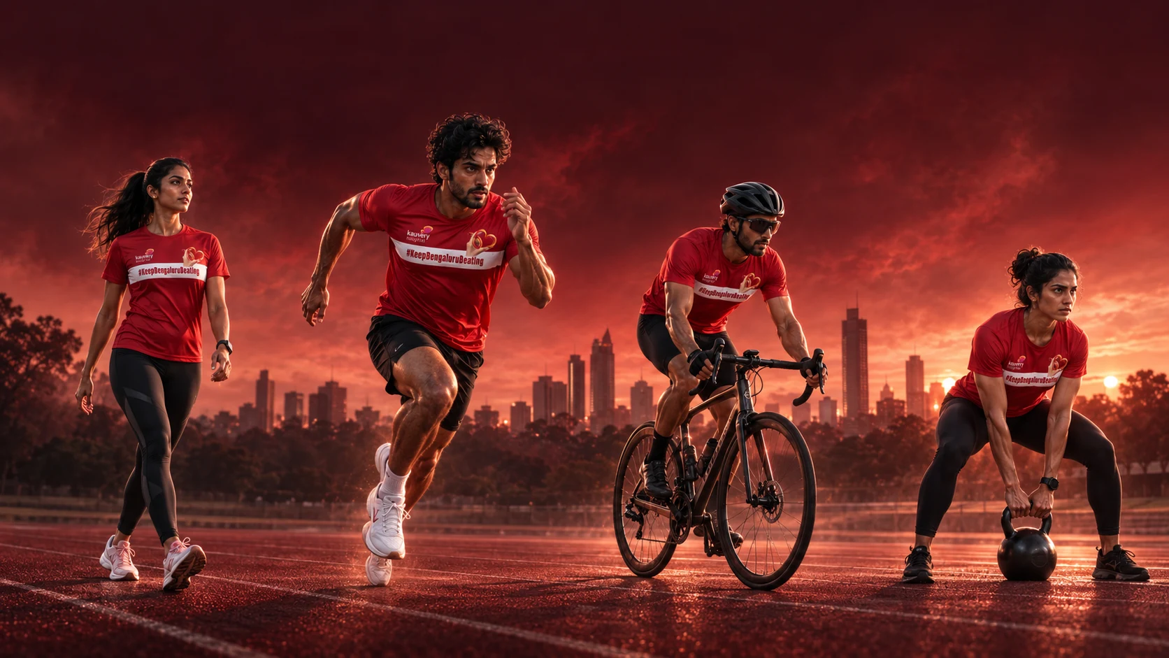 Four Indian participants in Kauvery BEATS jerseys walking, running, cycling and lifting a kettlebell