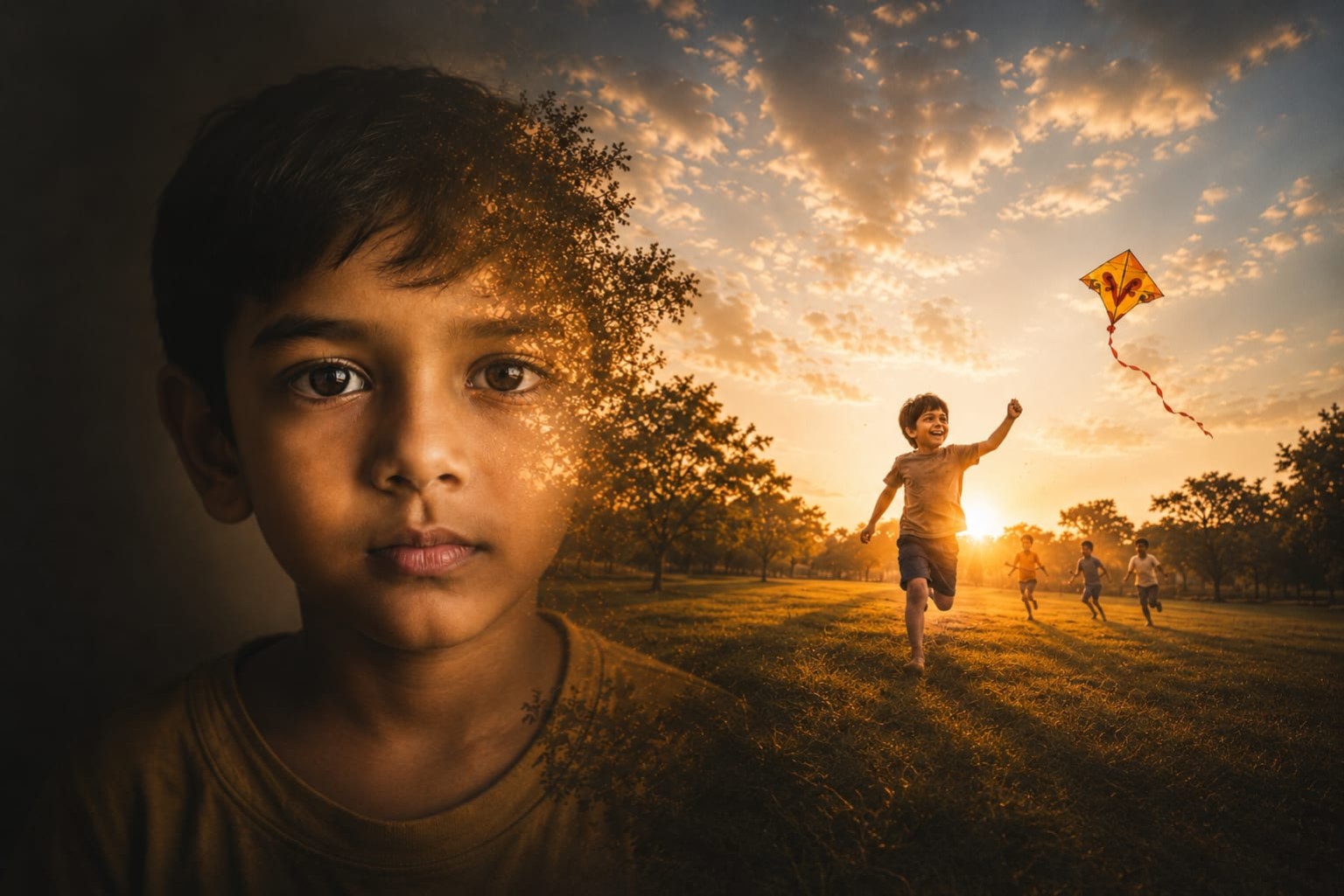 Sankalpa 2.0 campaign image combining a child's portrait with children running and flying a kite at sunset